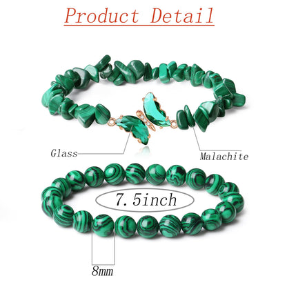 DUQGUHO 2Pcs Malachite Bracelets Green Bracelets for Women Butterfly Bracelets for Women Gemstone Bead Jewelry Healing Crystals Bracelets Stretch 8mm Crystal Beaded Jewelry Gifts for Women