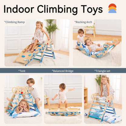 WINGYZ Pikler Triangle Set, Montessori Foldable 8-in-1 Jungle Gym with Reversible Animal Slide, Patent-Protected Climbing Set, Safe 2.35" Gap ASTM F963 Standards for Toddlers 18 Months-7 Years (Blue)