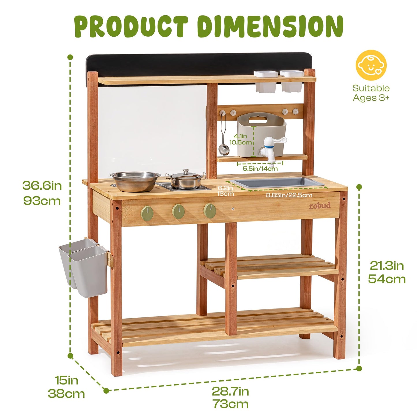 Robud Wooden Mud Kitchen for Kids, Outdoor Pretend Play Kitchen Set with Running Water Sink, Faucet, Planting Pots & Cooking Accessories, Educational Outdoor Toy Gift for Boys & Girls Ages 3+
