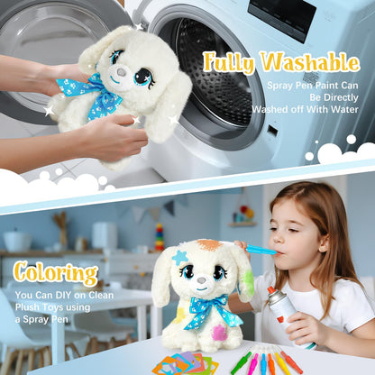 G.C Paint-Wash-Recolor Dog Plush Doll Toys for Kids Painting Craft Kit, Pretend Play Bath Toy with Bathtub, Blow Pen, Doodle Stuffed Animal Doll Painting Kit Gift for Boys Girls Ages 3 4 5 6 7 8