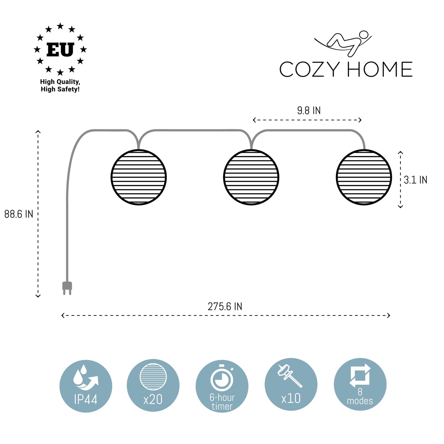 Cobus CozyHome Lantern String Lights Outdoor - 20 Lantern LEDs & 23 ft with 8 Modes | Warm White Outdoor Lampion String Lights Electric Lighting 23 ft