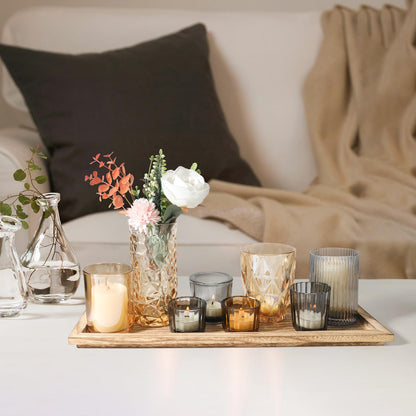 Rustic Wooden Tray with 8 Brown Glass Votive Candle Holders, Decorative Tea Light Holder Set for Mantel, Centerpiece, Dining Table Centerpiece Set, and Home Decor(Set of 8 Pieces)