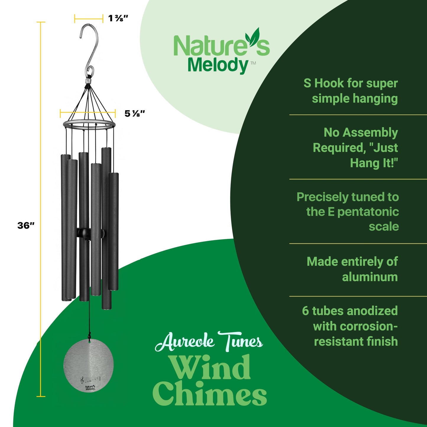 Nature’s Melody Aureole Tunes Wind Chimes – Outdoor Windchime with 6 Tubes Tuned to E Pentatonic Scale, 100% Rustproof Aluminum, Powder Finish & S Hook Hanger for Sympathy, Memorial Gift or Zen Garden