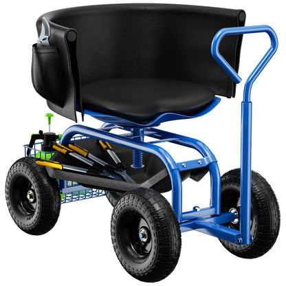 Baotree Garden Seat with Wheels, Rolling Garden Stool with Adjustable 360°Swivel Seat, Storage Basket & Extendable Handle, Outdoor Gardening Scooter, Garden Cart Workseat Stools for Seniors