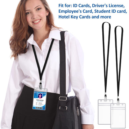 Marspark Pcs ID Badge Holder with Lanyard Lanyards for ID Badges Resealable Flat Neck Name Tag with Clip Waterproof Plastic Clear Badges Bulk for School Office Supplies(Black,200)
