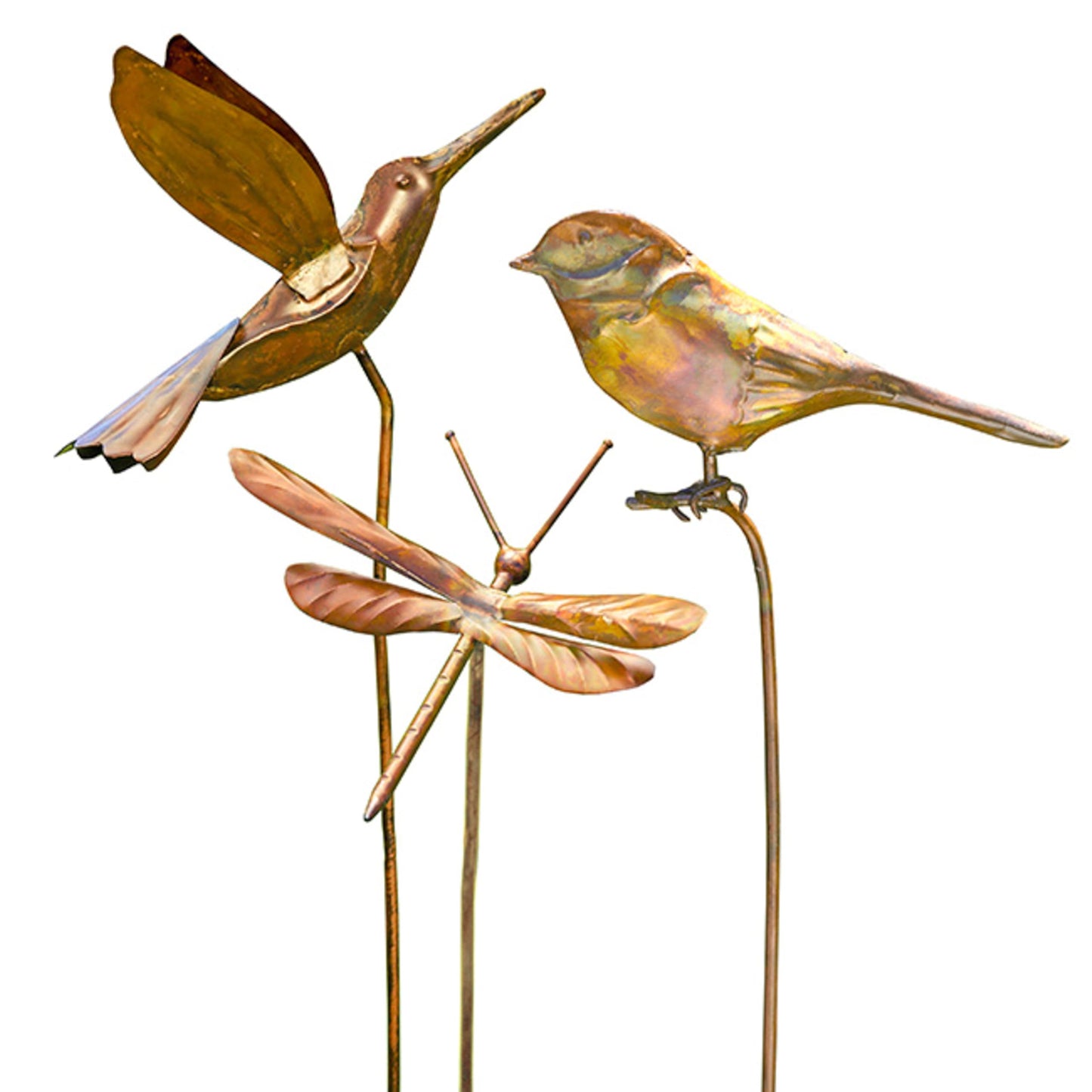 BestNest Ancient Graffiti Flamed Copper Garden Stakes, Set of 3 Metal Outdoor Yard Ornaments with Songbird, Dragonfly & Hummingbird Toppers, Decorative Staked Garden Art
