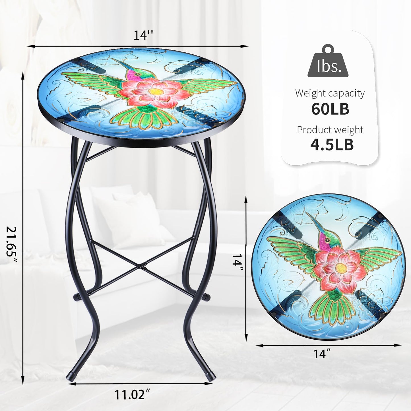 VCUTEKA Patio Side Table Outdoor Accent Table Bistro Coffee Table Plant End Table Small Porch Table Indoor Round Glass Balcony Plant Table Stands Hummingbird 14''