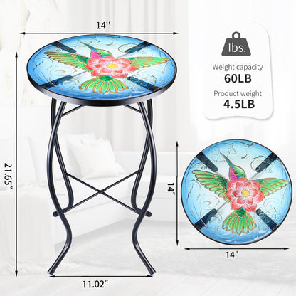 VCUTEKA Patio Side Table Outdoor Accent Table Bistro Coffee Table Plant End Table Small Porch Table Indoor Round Glass Balcony Plant Table Stands Hummingbird 14''