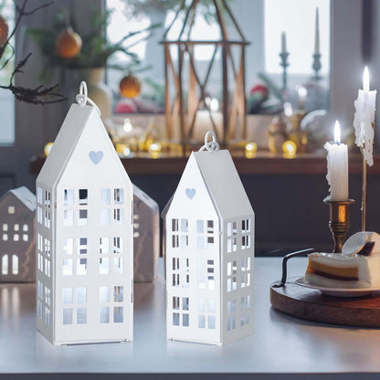 SiliFine 2 Set White Farmhouse Village Sets with 2 Pcs White Candles Rustic Houses Village Decor Metal Modern Lantern Decorative for Wedding Valentine's Day Home, Tabletop, Shelf Decor