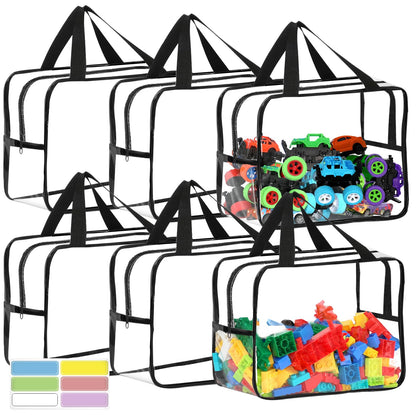 6 Packs Widen X-Large Toy Storage Bags 12.6×9.25×6.9In with Labels, Reusable Clear PVC Board Game Storage, Travel Waterproof Organizer Bags with Zipper for Building Blocks, Puzzle, Stuffed Animals