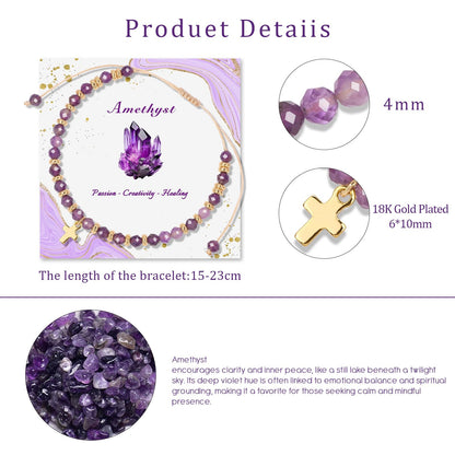 Raicegs Braided Amethyst Cross Crystal Bracelet Natural Stone Beaded Bracelet for Women Faith Jewelry Healing Bracelet Christian Gifts for Women Religious Gifts