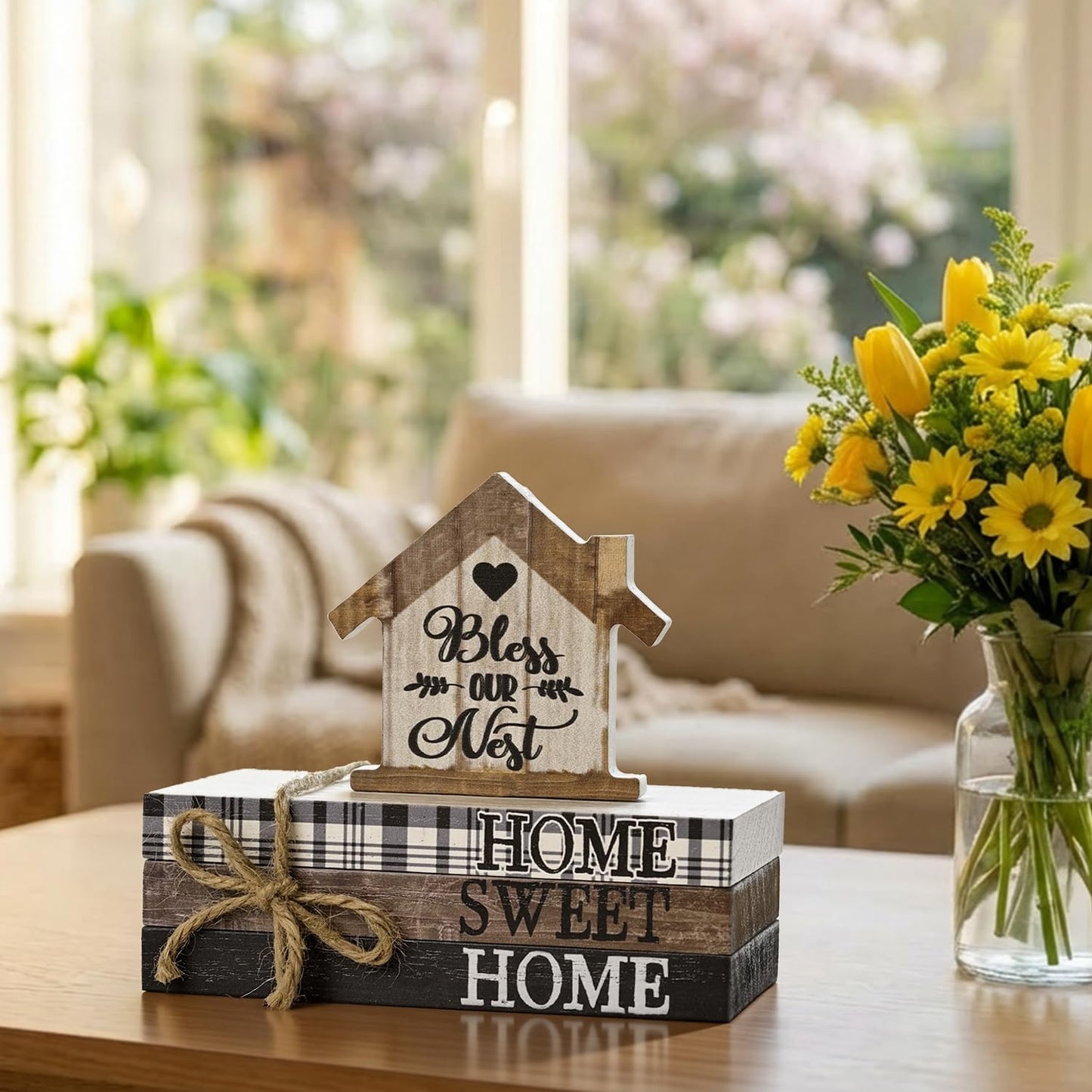 Smile Farmhouse Wooden Tabletop Decor Rustic Home Sweet Home Table Centerpiece, Block Sign Tiered Tray Decoration for Kitchen Shelves Desk Mantel