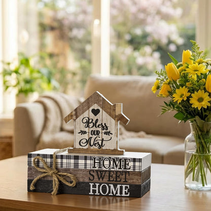 Smile Farmhouse Wooden Tabletop Decor Rustic Home Sweet Home Table Centerpiece, Block Sign Tiered Tray Decoration for Kitchen Shelves Desk Mantel