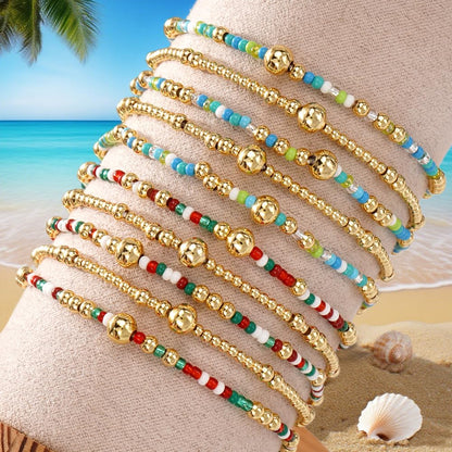 SHINUS BOHO Gold Beaded Bracelet Stack for Women,Bohemian Stretch Blue Seed Beads Stackable Bracelets Set Fashion Holiday Birthday Summer Accessories Jewelry Gift Friendship