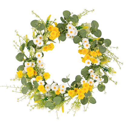 YUGALI 22" Spring Summer Wreath for Front Door Artificial Green Eucalyptus Yellow White Daisy Flower Lavender Sage Handmade Farmhouse Outdoor Indoor Wedding Home Decor