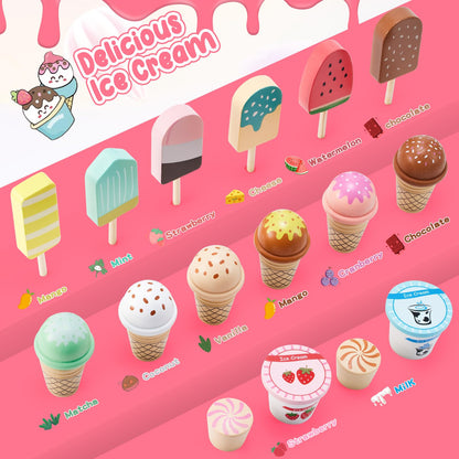 WHOHOLL Wooden Ice Cream Counter Playset for Toddler Girl Toys, Play Store Pretend Toy Food Play Kitchen Accessories with Fake Money & Coin, Christmas Birthday Gifts for 3+ Year Old Kids (Pink)