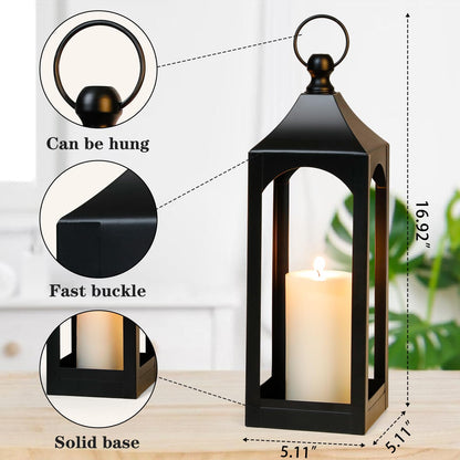 Modern Farmhouse Lantern Decor, Black Metal Decorative Hanging Candle Lanterns Ideal for Home Decor, Parties & Events, 15.1" High (No Glass Panel)