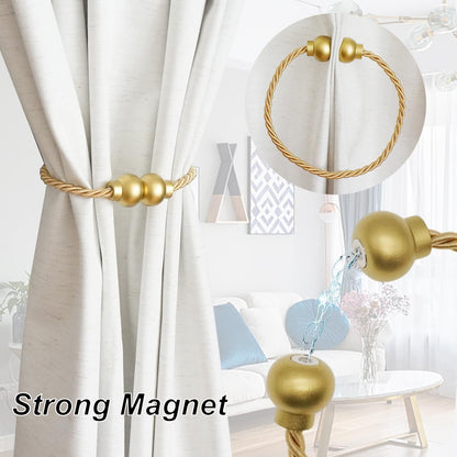 HIASTRA 2 Pack Magnetic Curtain Tiebacks Modern Handmade Rope Curtain Tie Backs Decorative Drapes Weave Holdbacks for Home Outdoor Bedroom Office Decorative Curtain, Gold