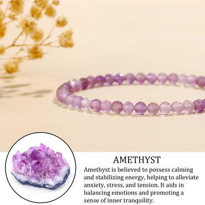 GolbalJew Natural Gemstone Beads Bracelets Healing Crystal Stone Beaded Bracelet for Women Men Handmade Spiritual Jewelry Gifts, 4mm Amethyst Faceted Round Beads