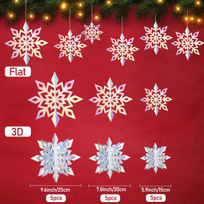 YsesoAi Winter Christmas Hanging Snowflake Decorations 15Pcs, 3D Iridescent Paper Snowflakes Rainbow Snow Flakes Garland for Winter Wonderland Holiday Frozen Christmas Birthday Party Home Decorations