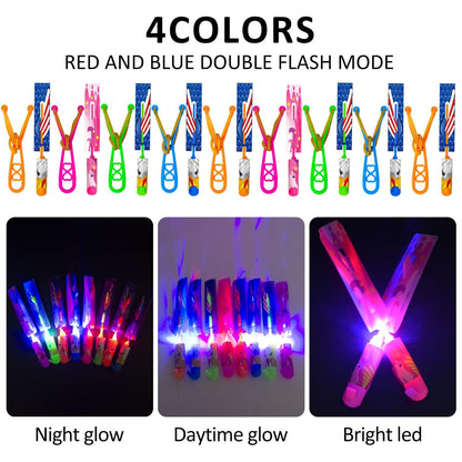 Bloolilies 72 Pcs LED Flying Toys Set, Glow in the Dark Party Supplies with 36Pcs Slingshots+36Pcs Glow Helicopters Rocket Launcher Light Up Outdoor Toys Birthday Gift Party Favors for Kids 4-8 8-12
