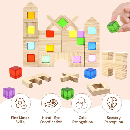 kuchisity Wooden Building Blocks Set for Kids, 60 PCS Rainbow Acrylic Gem Cubes Stacking Blocks, Montessori Stacking Toy for Toddlers Educational Toy Early Learning Gifts for Boys Girls 3-6 (60)