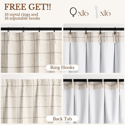 THREE GIRLS Pinch Pleated Plaid Curtains Blackout Linen Gingham Curtains for Living Room,Bedroom Checkered Patterned Insulated 84 Inches Long Double Layer 2 Panels Set Printed Design Darkening