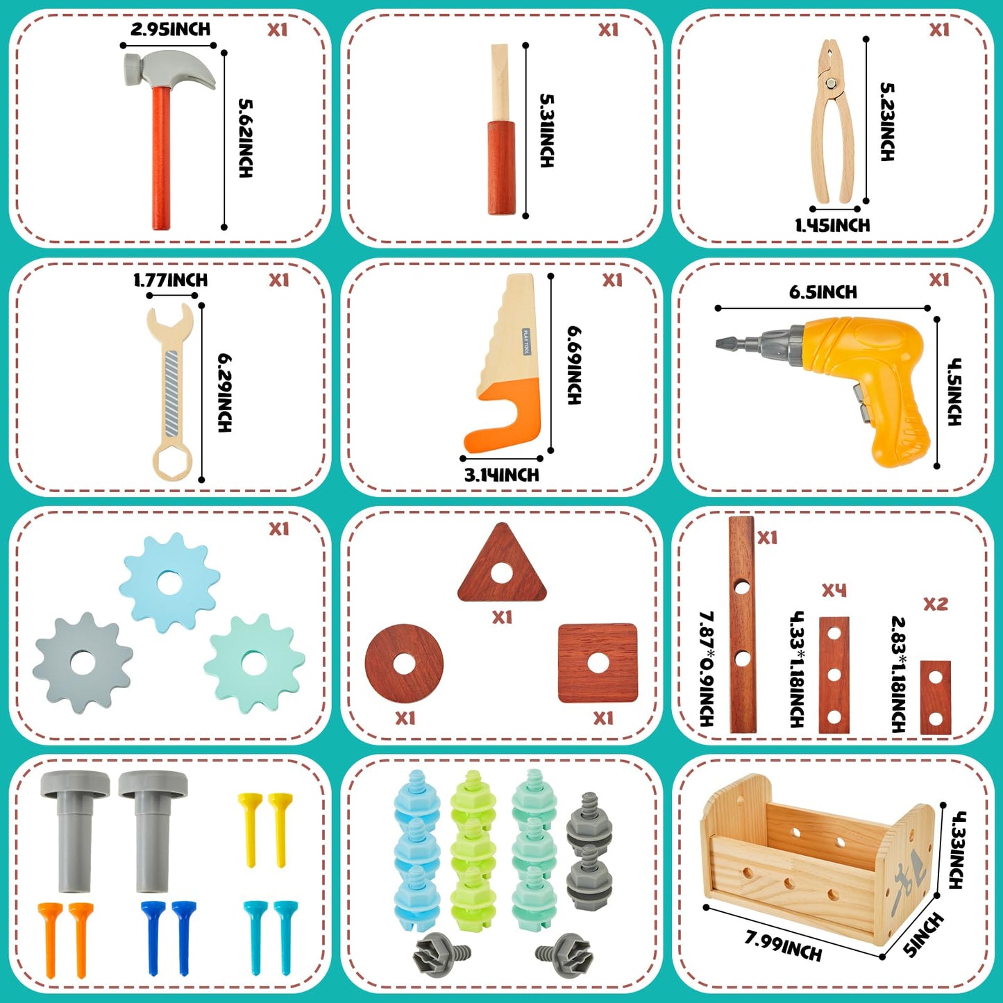Kids Tool Set - 54 PCS Wooden Toddler Tool with Wooden Box, Educational Pretend Play Construction Toy for 2 3 4 5 6 Year Old Boys Girls, Toddle Electronic Toy Drill Children Montessori STEM