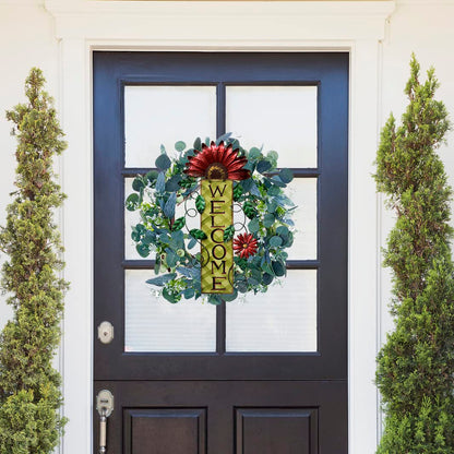 E-view Metal Welcome Sign Rustic Wall Hanging Plaque - Decorative Welcome Flower Signs for Porch Front Door Farmhouse Home Decoration Garden Themed Wreath Ornament (Red)