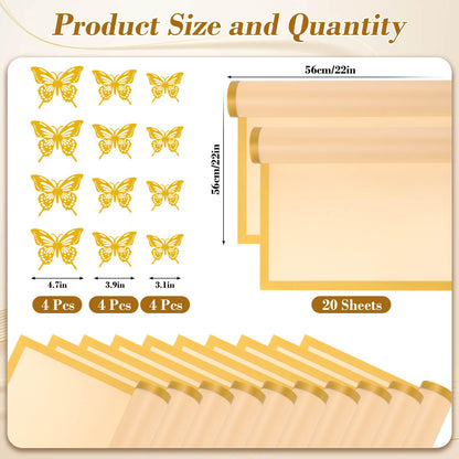 cridoz 20 Sheets Flower Bouquet Wrapping Paper with 12 Pieces Gold Butterfly Decorations for Flower Bouquets, Gift Wrapping(Champagne)