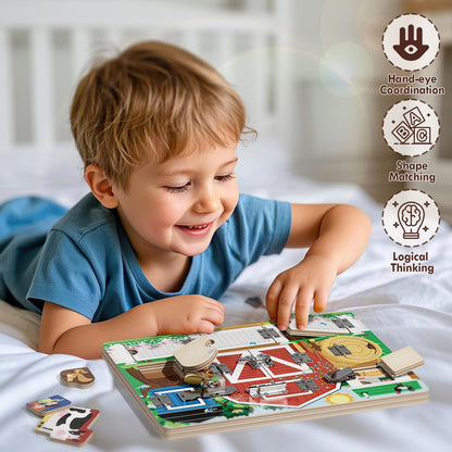 RRIBOUDWAN Wooden Latches Busy Board for 1-4 Year Old, Montessori Sensory Toys for Toddler, Farm Theme Educational Busy Book for Kids, Activity Board Gift for Kids