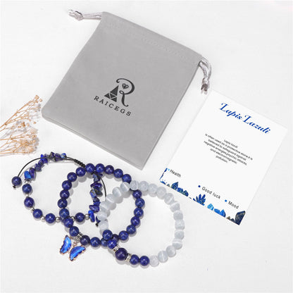 Raicegs Healing Crystal Bracelets for Women Lapis Lazuli Butterfly Bracelet Set 8mm Natural Stone Beaded Bracelet Anxiety Stress Relief Purple Bracelets for Women