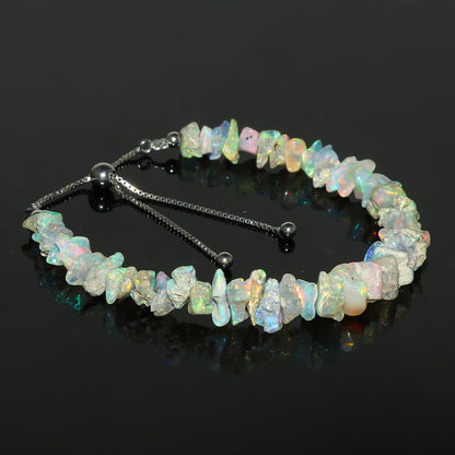 CRYSTALIS Ethiopian Opal Bracelet, Natural Raw Stones, Fire Play Rough Gemstones, Chakra Healing Crystals, Gift Giving Jewelry, Rhodium 925 Sterling Silver Women Bolo Slider Bracelet 10 inch (6+4")