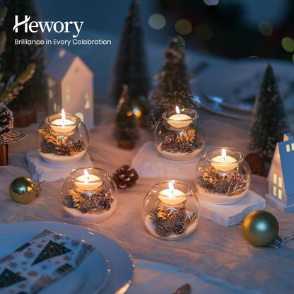 Hewory Christmas Tealight Candle Holders: Set of 6 Glass Ball Tea Light Candle Holder with Golden Leaves and Needles, Christmas Table Decorations for Dinner Centerpiece Holiday Party Fireplace Mantle