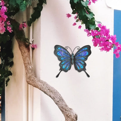 HONGLAND Metal Butterfly Wall Decor Outdoor Indoor Art Sculpture Hanging Glass Decorations Blue for Home Garden Bedroom (Blue)