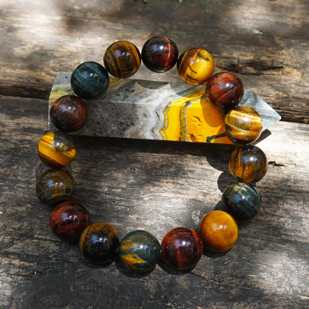 TaHLga Mixed Tigers Eye Mens Bracelet 14MM | Mixed Red Gold Blue | Fits for About 8" XLarge Wrist | Natural Solar Plexus Chakra Gemstones | Bring Luck Wealth Courage | Protection from Evil | Gift