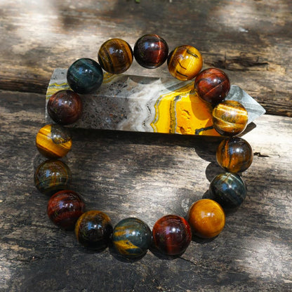 TaHLga Mixed Tigers Eye Mens Bracelet 14MM | Mixed Red Gold Blue | Fits for About 8" XLarge Wrist | Natural Solar Plexus Chakra Gemstones | Bring Luck Wealth Courage | Protection from Evil | Gift