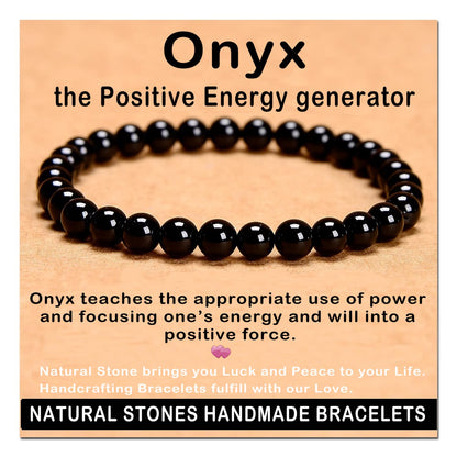AD Beads Handmade Gemstone Stretch Elastic Bracelet Crystal Healing Reiki Nature's Beauty and Spiritual Essence Unisex (6mm, Black Onyx)