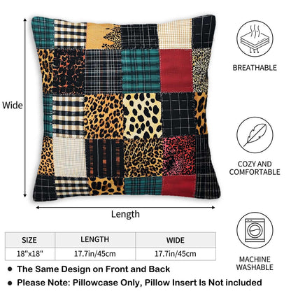 ZibZorp Patchwork Plaid Leopard Pillow Covers 18x18 Set of 2 | Rustic Decorative Cushion Cases | Mixed Pattern Pillowcases | Eclectic Throw Covers for Sofa Living Room Bedroom Decor