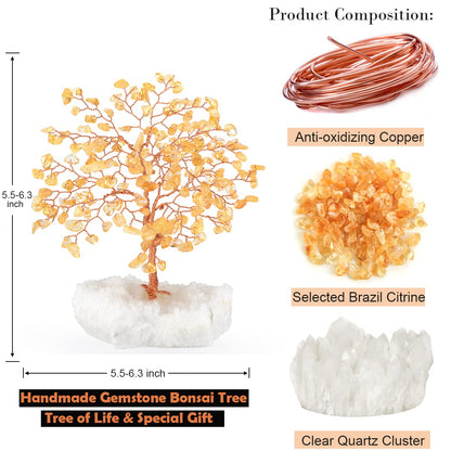 MASGEMES Natural Citrine Gemstone Crystal Tree of Life,Clear Quartz Cluster Base,Bonsai Money Tree Feng Shui Home Decor,Healing Crystals Positive Energy Gift for Luck and Wealth 5.5"-6.3"