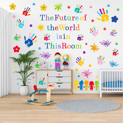 AOWDIAO Inspirational Kids Classroom Wall Decals – The Future of the World Is in This Room Quote – Peel and Stick Vinyl Sticker for School, Nursery and Playroom Decor