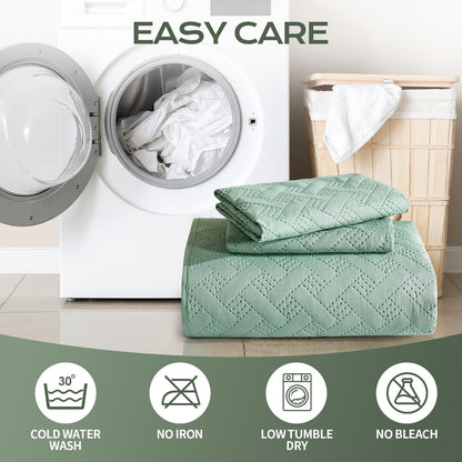 JYHOPE Sage Green Twin Quilt Set 68x90 Lightweight Microfabric Bedspread, 3-Piece Quilt Bedding with Pillow Shams, Summer Cooling Quilts, Ribbon Wrapped Gift