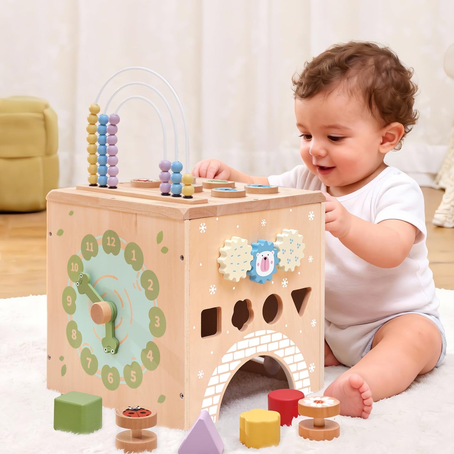 KizKnows Wooden Activity Cube 9-in-1 Montessori Busy Board Toy | Educational Sorting Play Center for 1+ Year Old Toddlers | First Birthday for Boys Girls