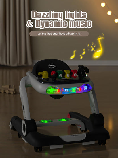 Music and Lights Baby Walker with Wheels, 6 in 1 Baby Activity Center w/Ergonomic backrest Design, Baby Walkers for Boys w/Foot Pads, Music Bouncer Walkers for Boys Girls Babies 6-18 Months, Black