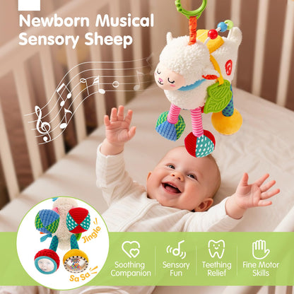 hahaland Baby Toys 0-6 Months - Baby Sensory Toys 0-3-6 Months Car Seat Toy Hanging - Musical Animals with Pull String Rattle Teether Crinkle Mirror, Crib Stroller Toy Tummy Time Easter Gifts for Baby