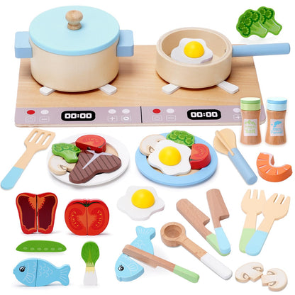 Play Kitchen Accessories, Wooden Play Cooking Set, Pretend Play Kitchen Set for Kids, Including Stove, Cookware Pots and Pans, Cooking Utensils Playset, Cutting Food Playset for Girls Boys Toddler
