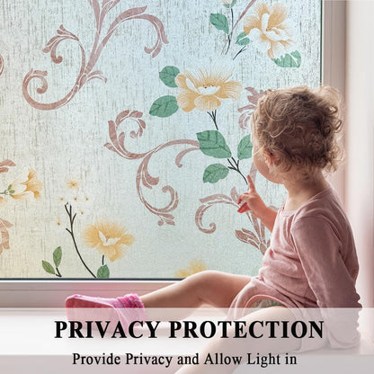 No Glue Window Films Elegant Flower Static Cling Glass Door Film Frosted Privacy Etched Tints Covers Decal,Anti-UV,Heat Control for Home and Office Decoration,17.5x78.7In.
