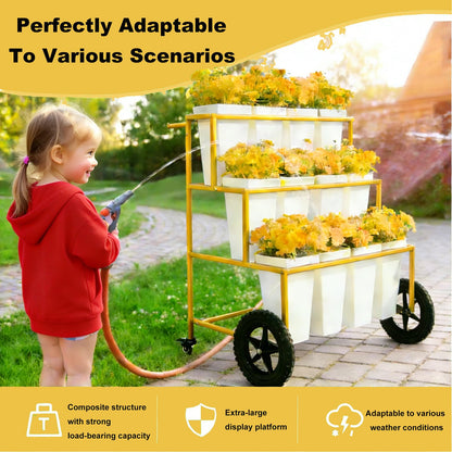 VITNSVILE Mobile Metal Flower Plant Stand, 360° Rolling Flower Display Stand for Indoor Outdoor, Space Saving Flower Bar Stand for Patio, Garden Event White, Black, Gold (White L33.4*W31.4*H*40.5in)