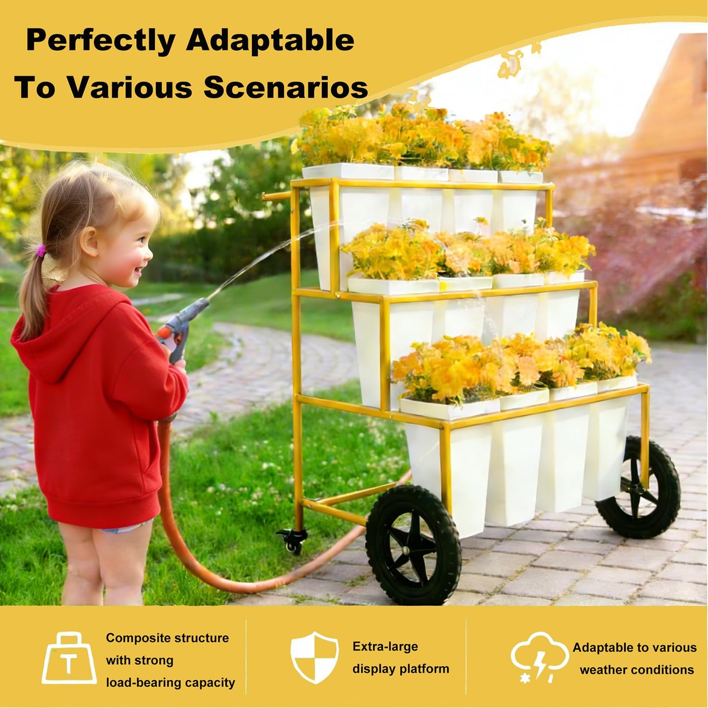 VITNSVILE Mobile Metal Flower Plant Stand, 360° Rolling Flower Display Stand for Indoor Outdoor, Space Saving Flower Bar Stand for Patio, Garden Event White, Black, Gold (White)