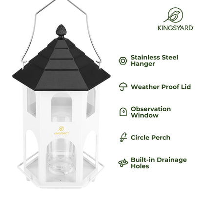 Kingsyard Metal Bird Feeder for Outdoor Hanging, Wild Bird Feeders with Circular Perch, Easy to Clean & Refill, 4 lbs Large Seed Capacity, White